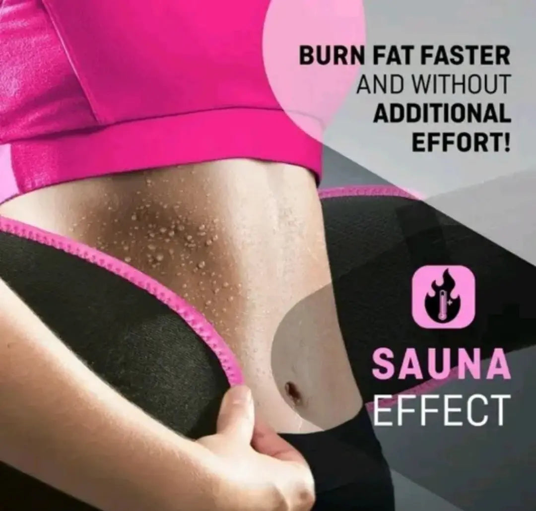 Person wearing a pink and black sauna effect garment with text on a gray background